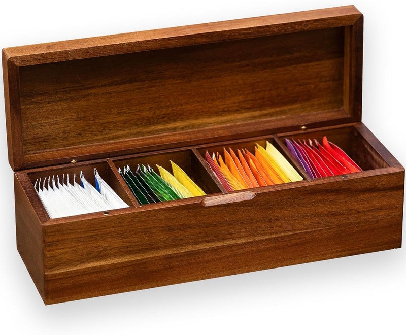 FLYIEE Acacia Wooden Tea Bag Organizers, Tea packet Storage Boxes, Tea Caddy for Tea Bags Chest, Teabag Holder Containers, Teabox Station Display, Organizador De Tes Caja Para Te, 4 Compartments - Image 1